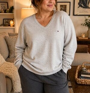 Tommy Hilfiger Gray V-Neck Sweater XXL  Lightweight Cotton Pullover Classic Logo